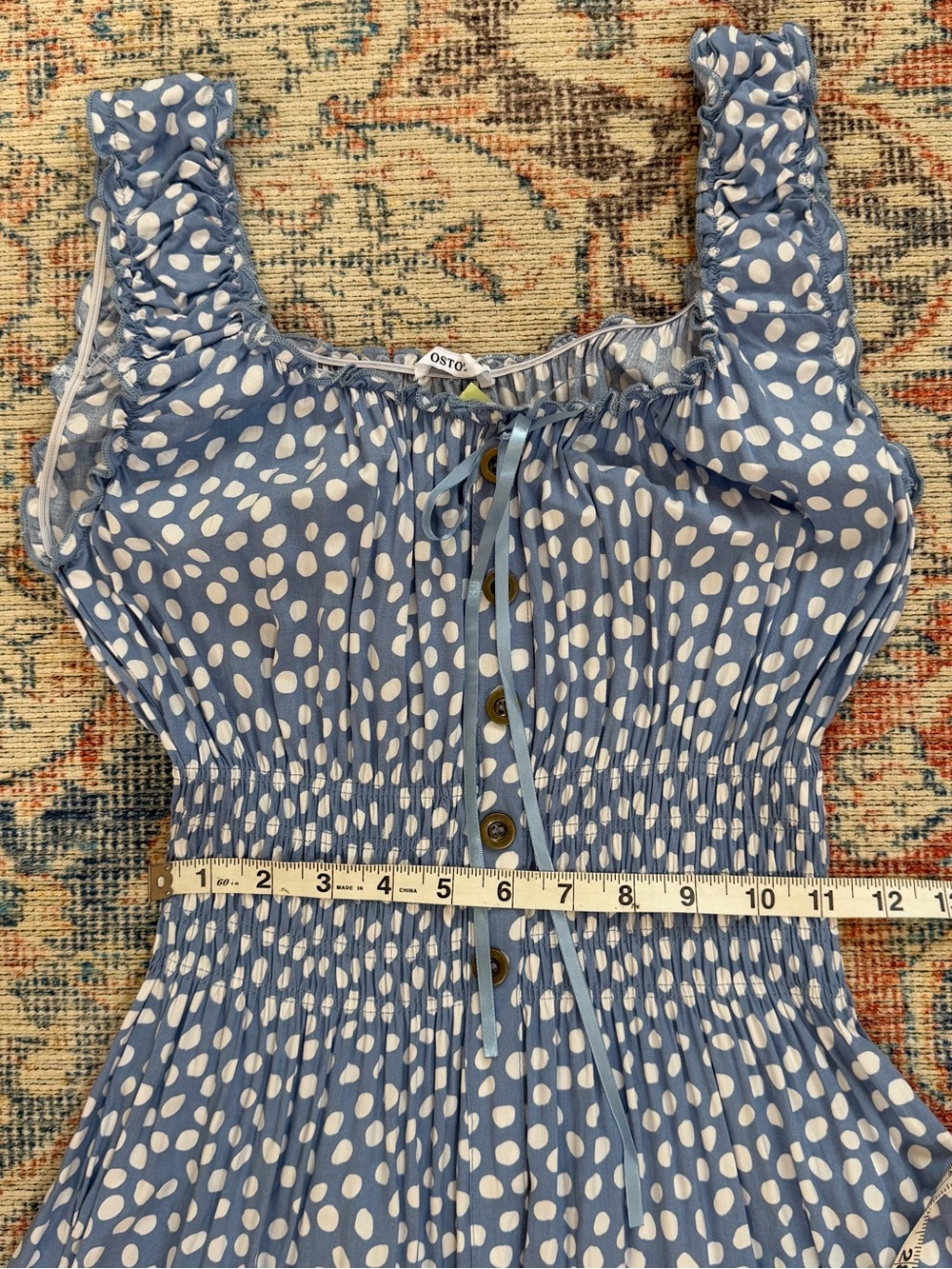 Blue White Polka Dot Boho MILKMAID Dress Peasant Sundress Smocked Maxi Dress S - Picture 9 of 10